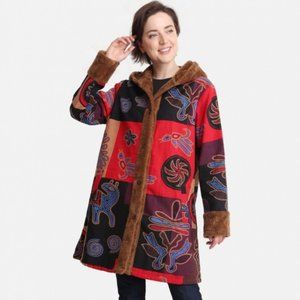 Paisley Printed Sherpa Faux Shearling Coat with Hood